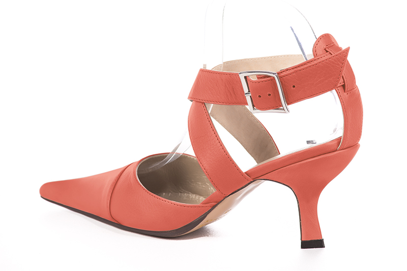 Coral orange women's open back shoes, with crossed straps. Pointed toe. High spool heels. Rear view - Florence KOOIJMAN